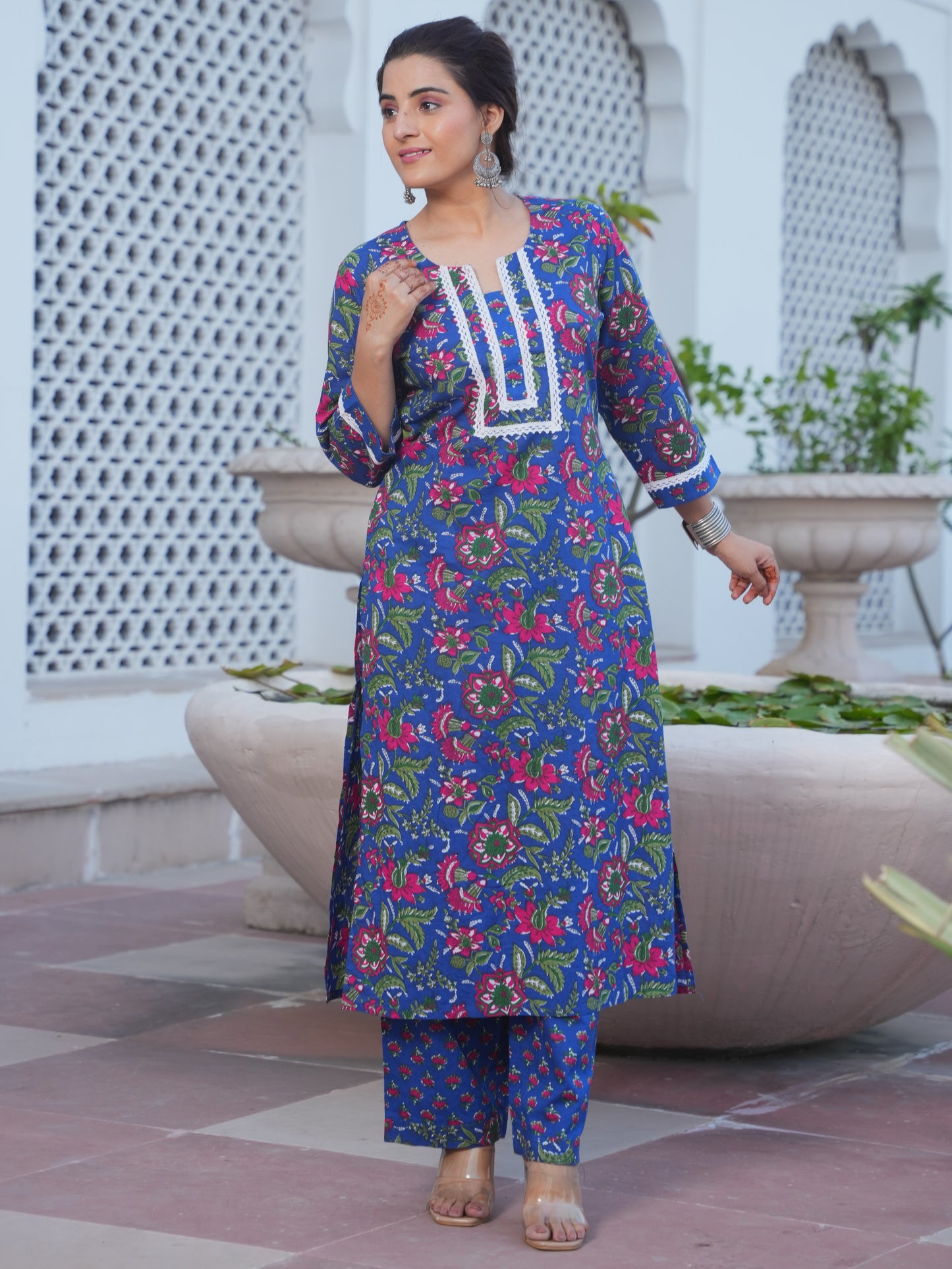 Soft Cotton Floral Straight Blue Kurta