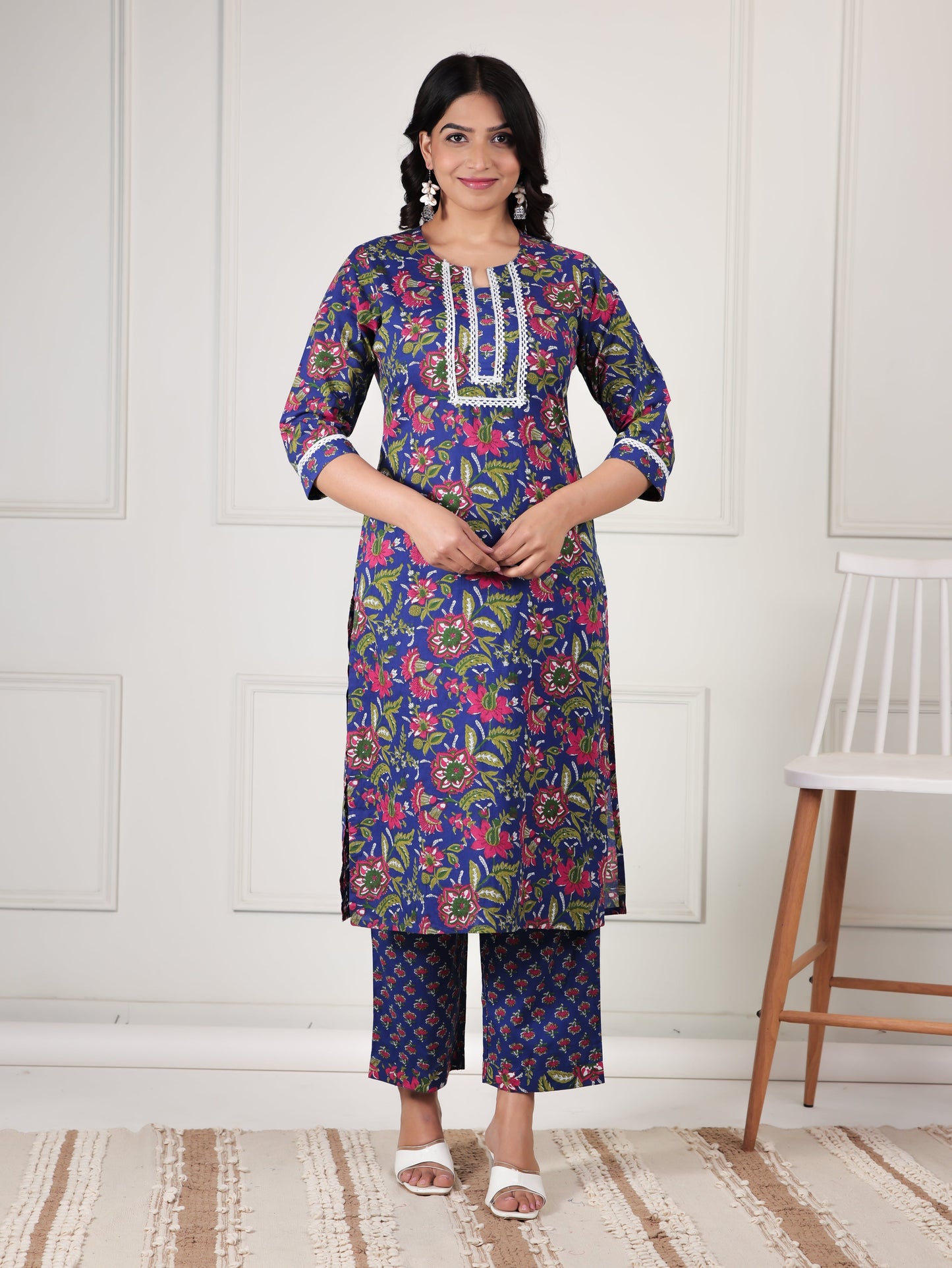 Soft Cotton Floral Straight Blue Kurta