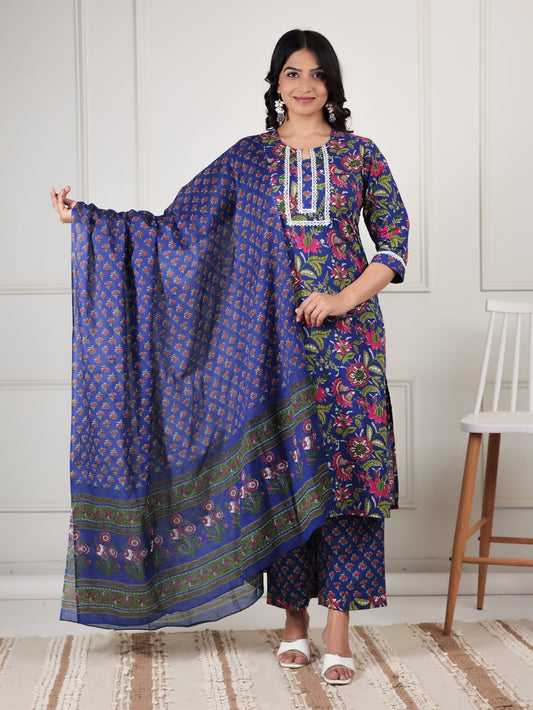 Soft Cotton Floral Straight Blue Kurta