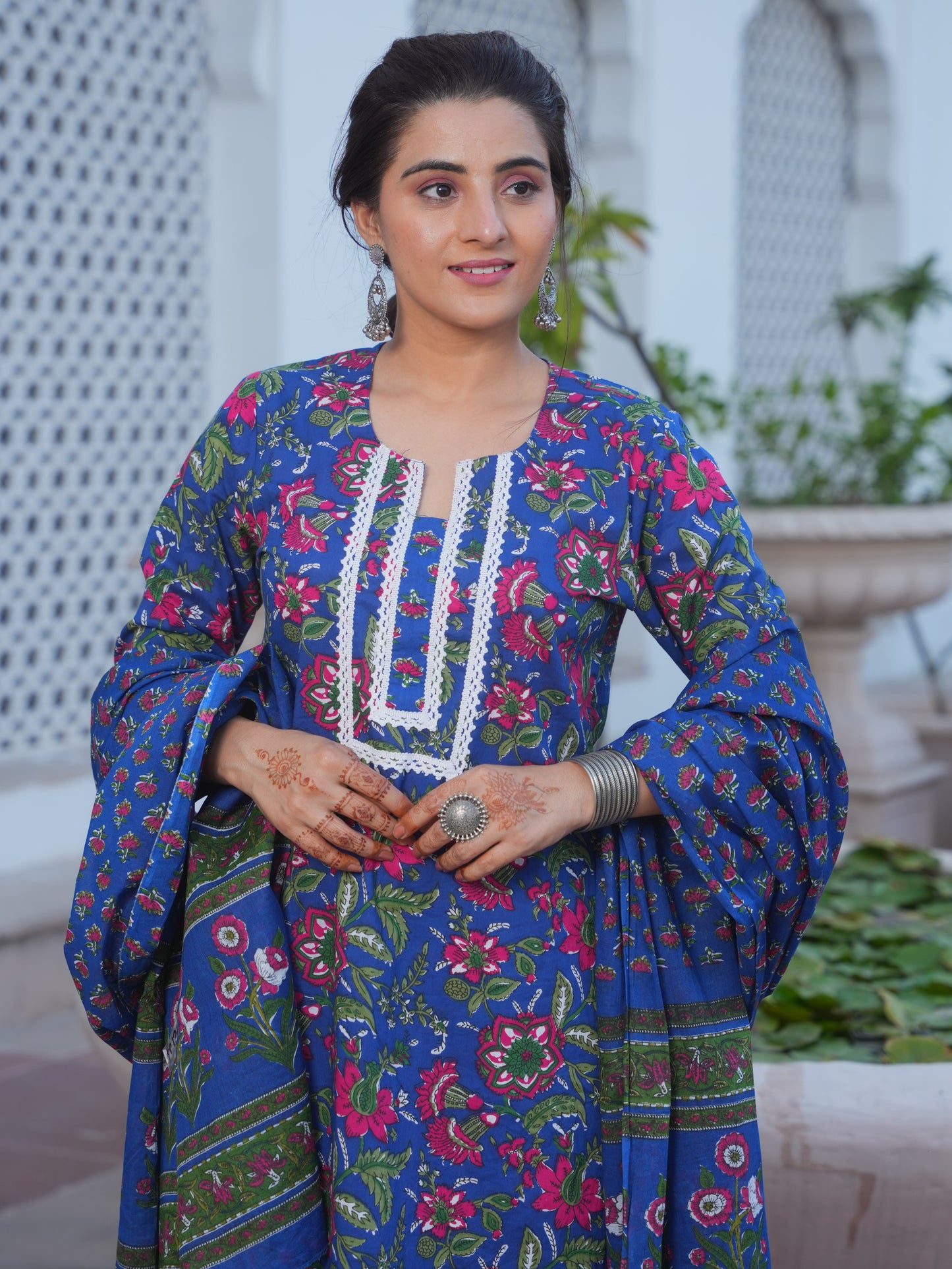 Soft Cotton Floral Straight Blue Kurta
