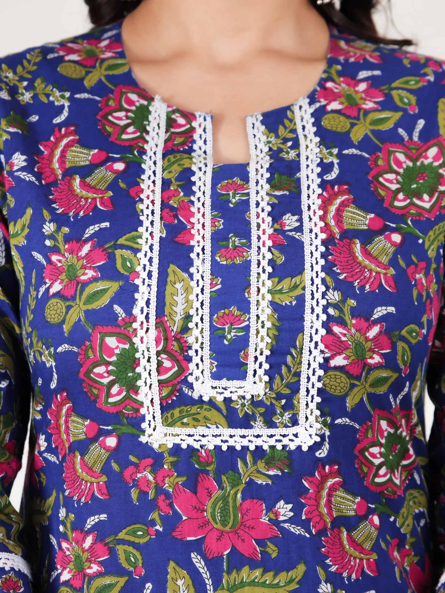 Soft Cotton Floral Straight Blue Kurta