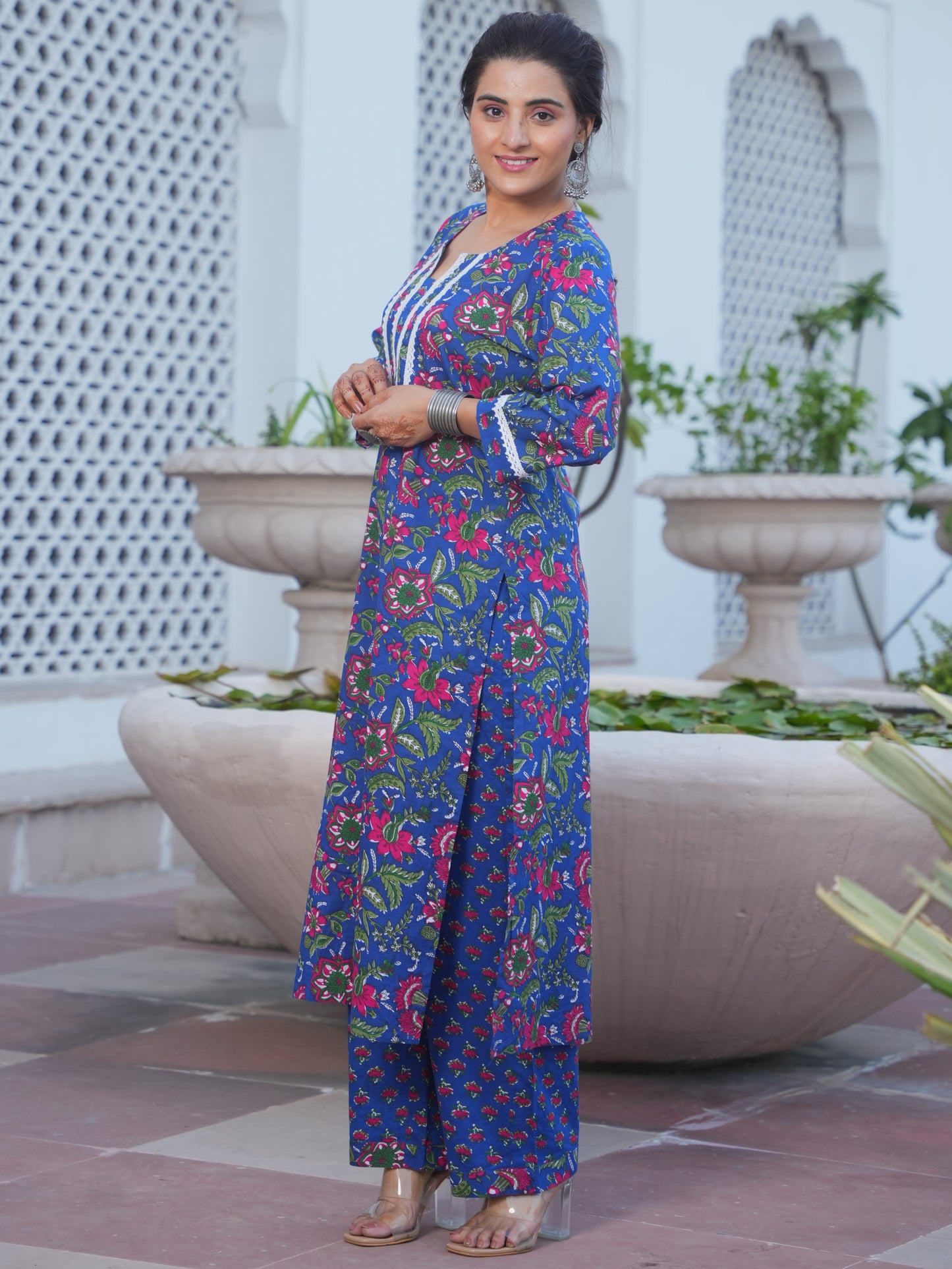 Soft Cotton Floral Straight Blue Kurta