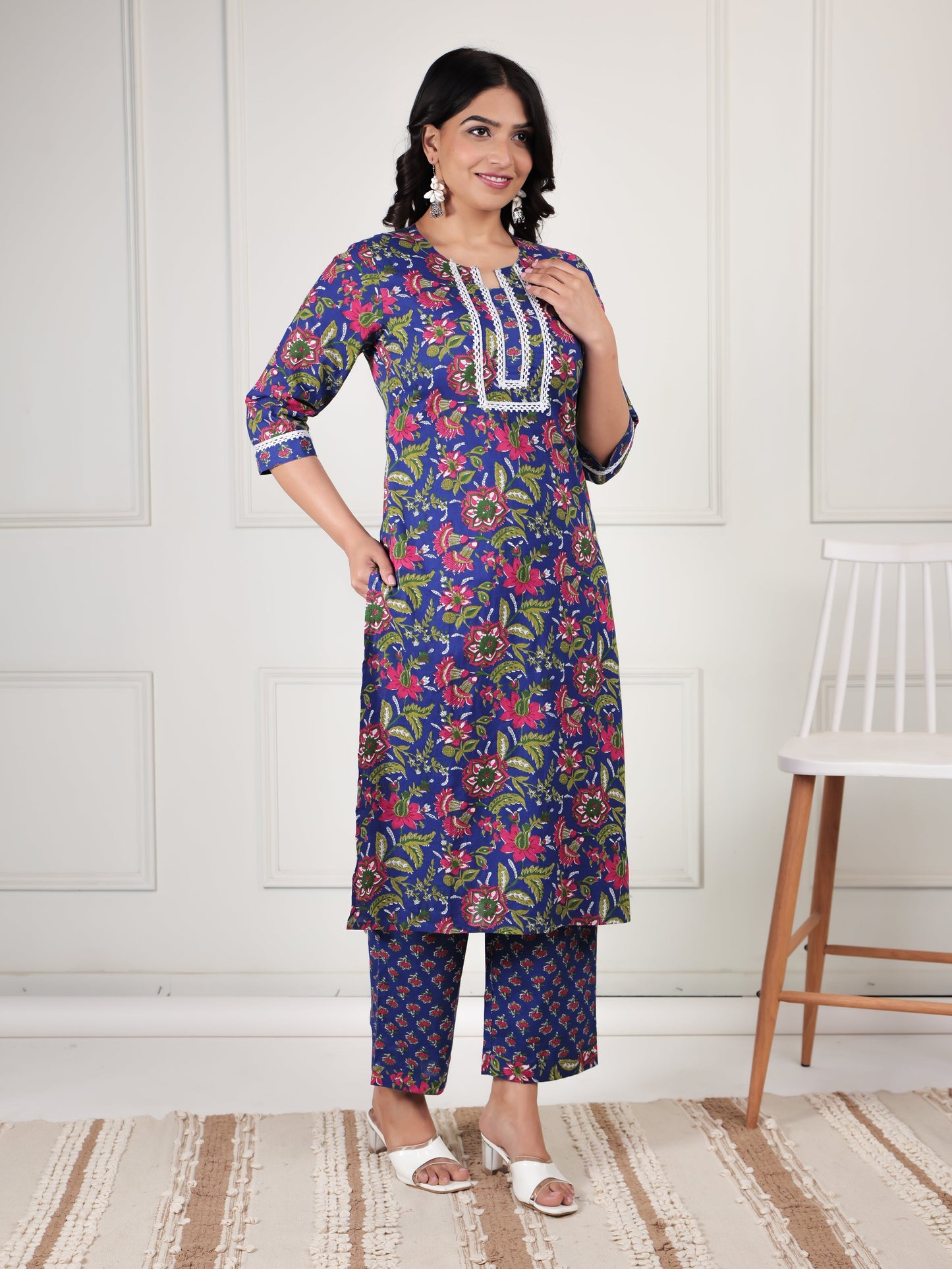 Soft Cotton Floral Straight Blue Kurta