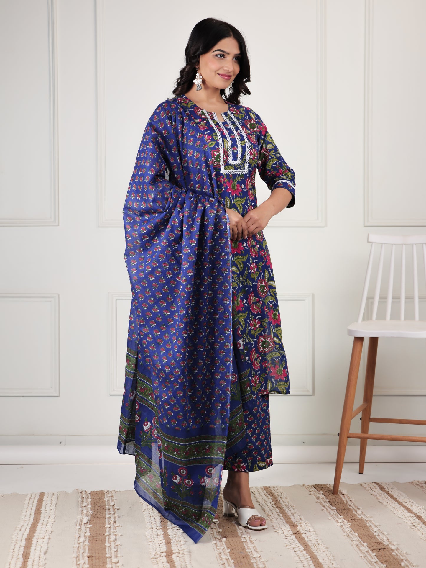 Soft Cotton Floral Straight Blue Kurta