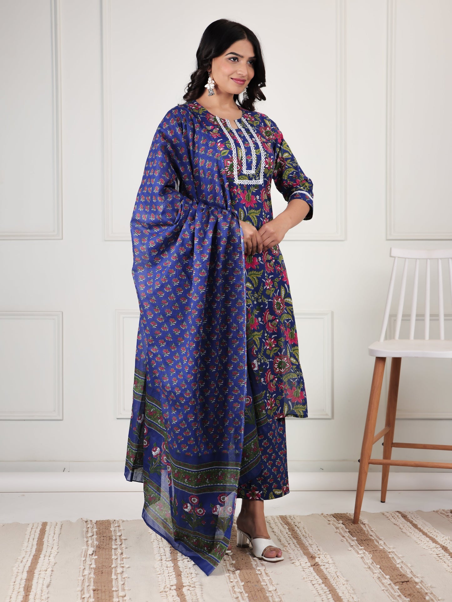 Soft Cotton Floral Straight Blue Kurta