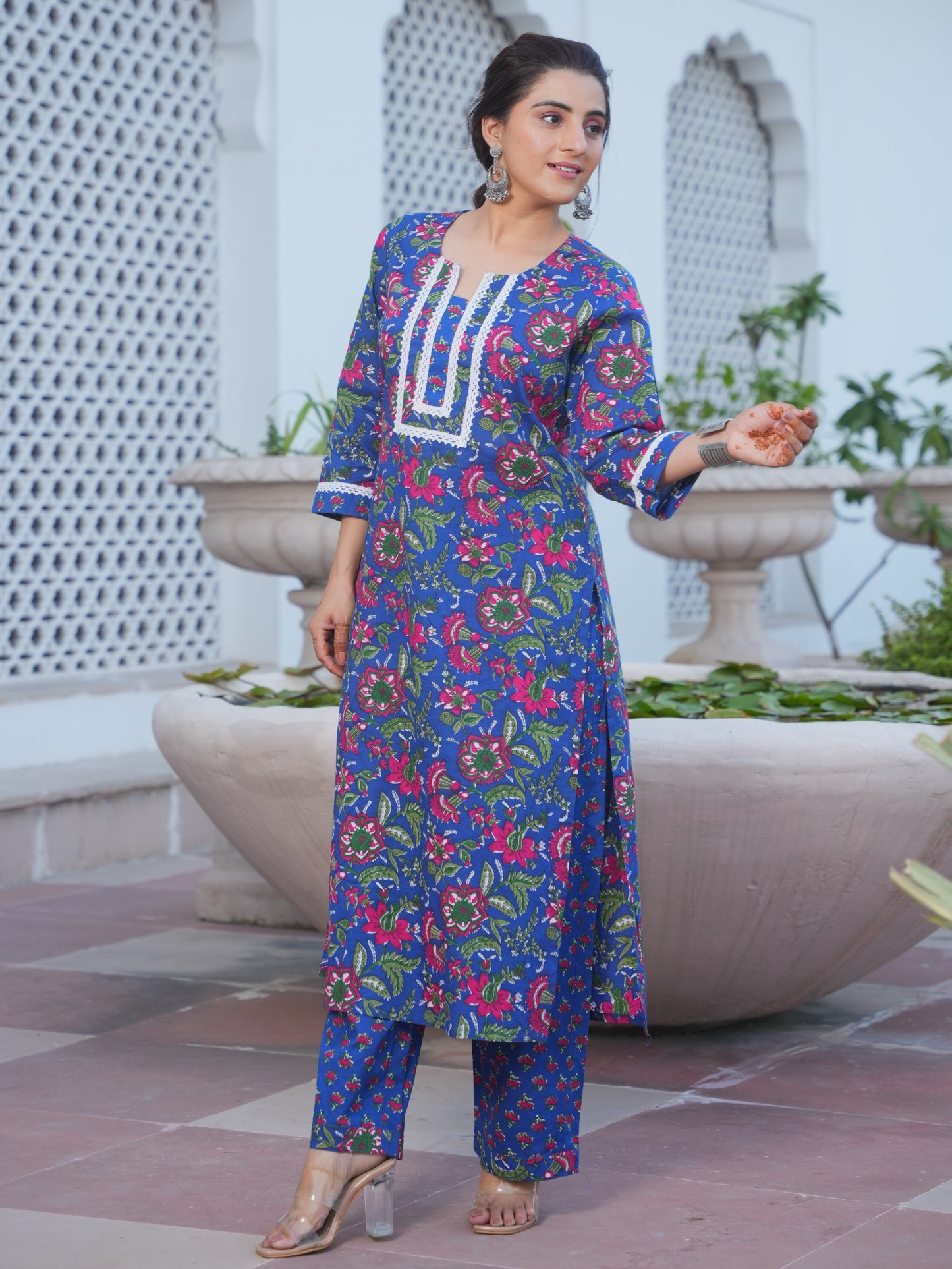 Soft Cotton Floral Straight Blue Kurta