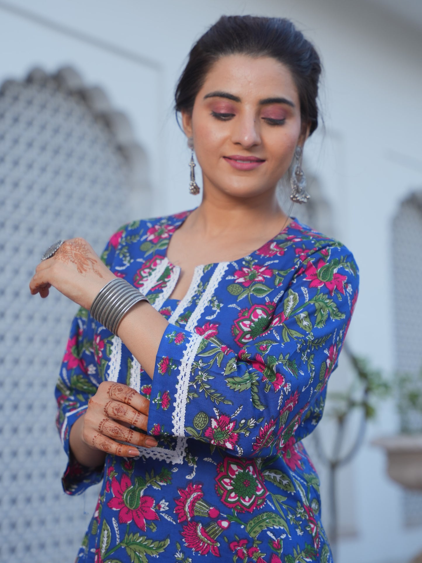 Soft Cotton Floral Straight Blue Kurta