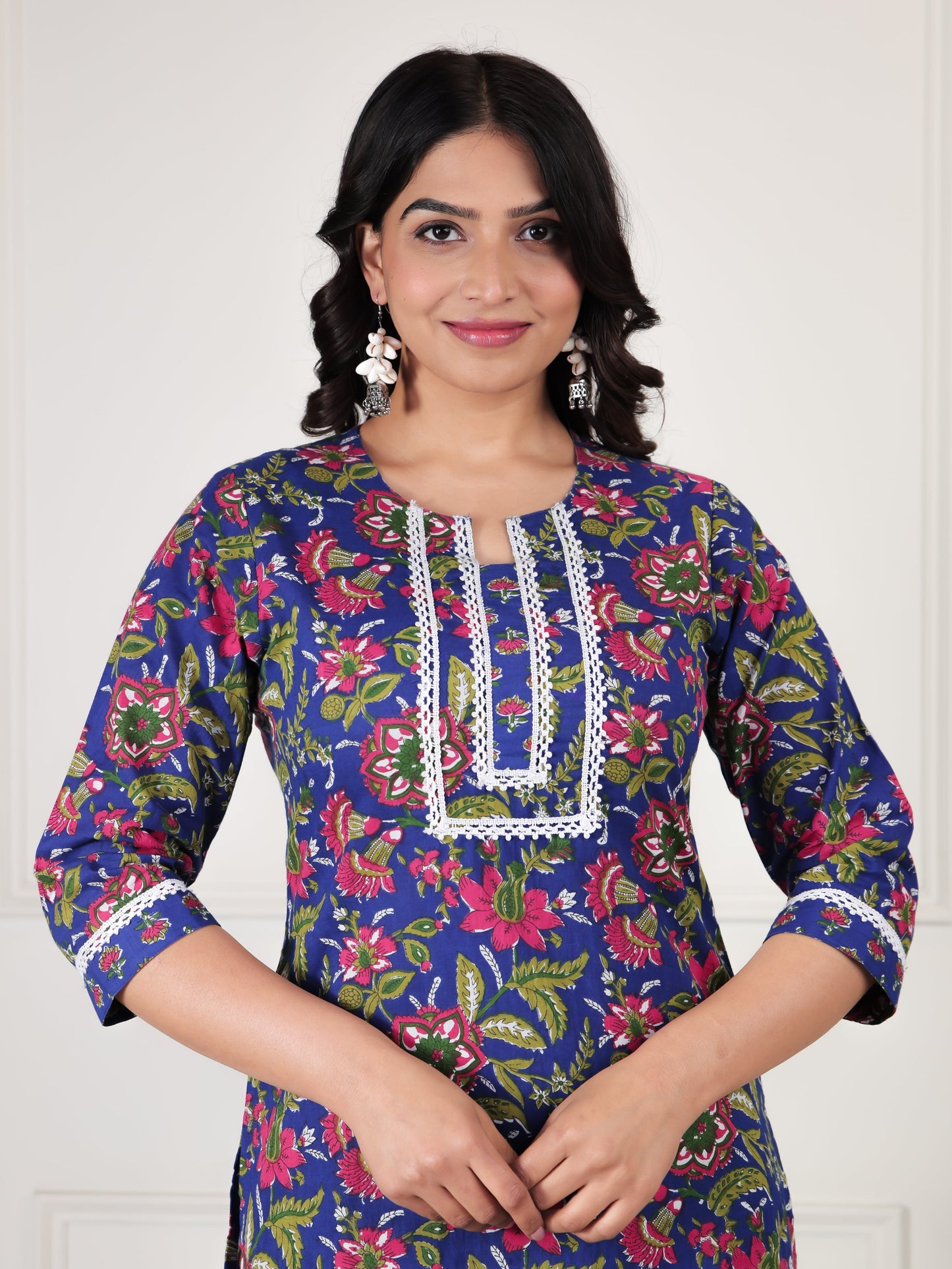 Soft Cotton Floral Straight Blue Kurta