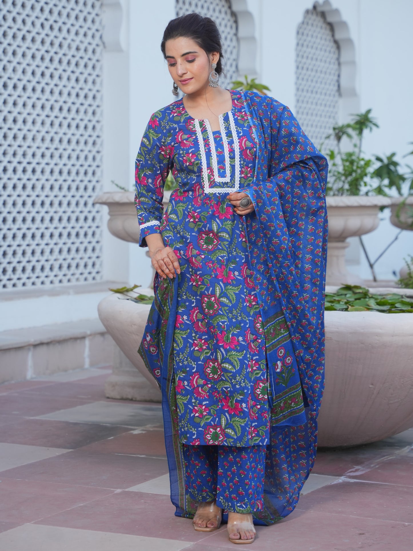 Cotton Voile Butti Blue Dupatta