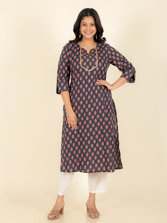 Soft Cotton Butti Straight Blue Kurta