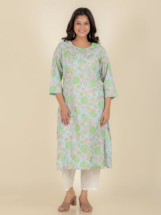 Viscose Floral Straight Green Kurta