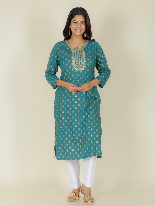 Viscose Gold foil Straight Green Kurta