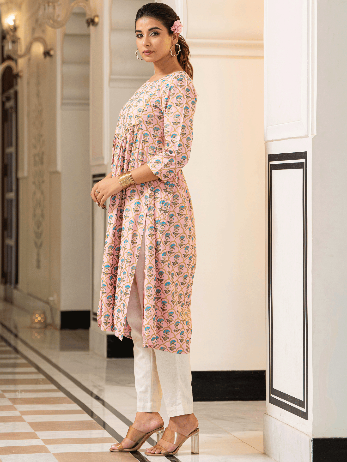 Viscose Gold foil A-line Baby Pink Kurta