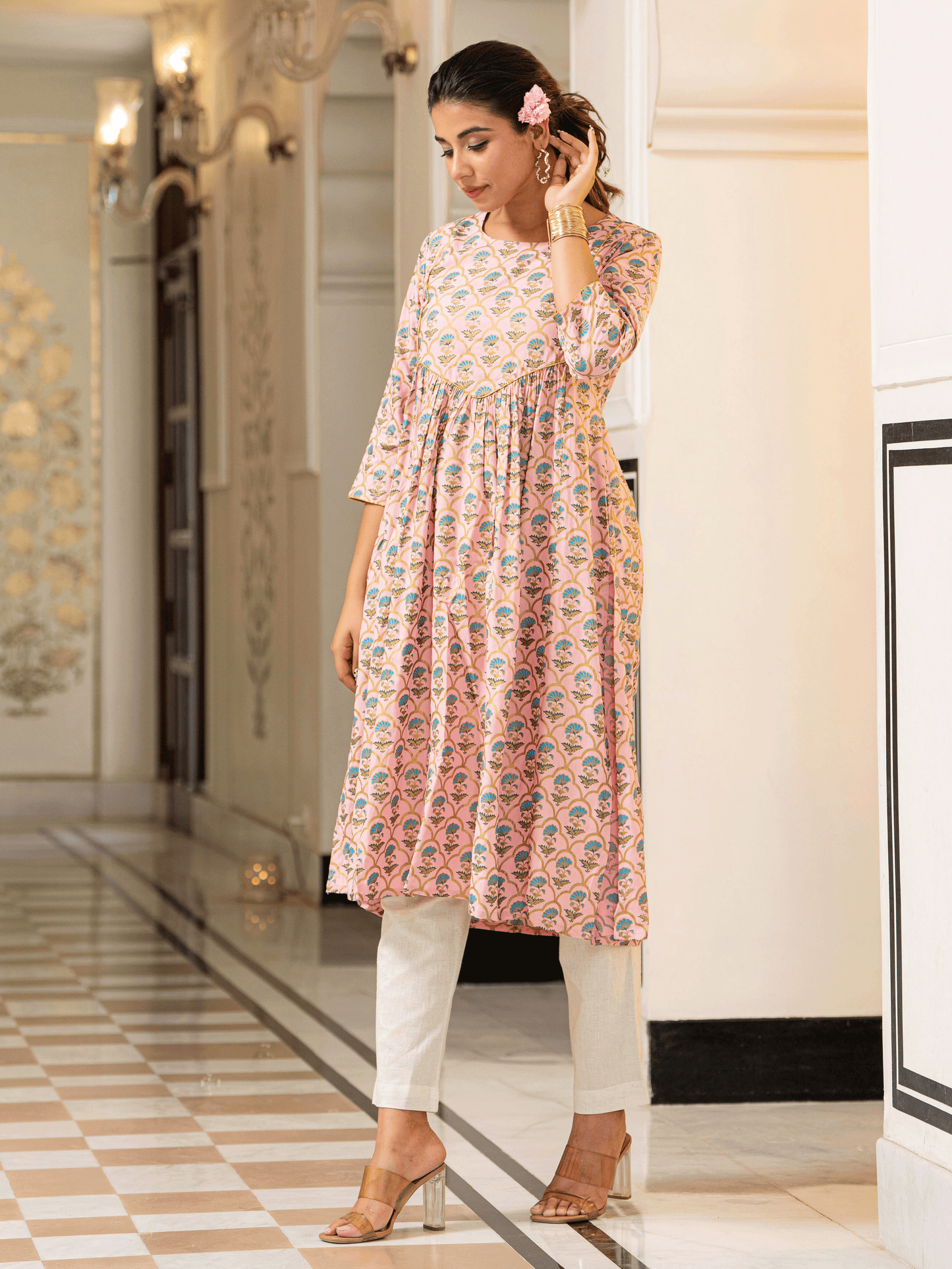 Viscose Gold foil A-line Baby Pink Kurta