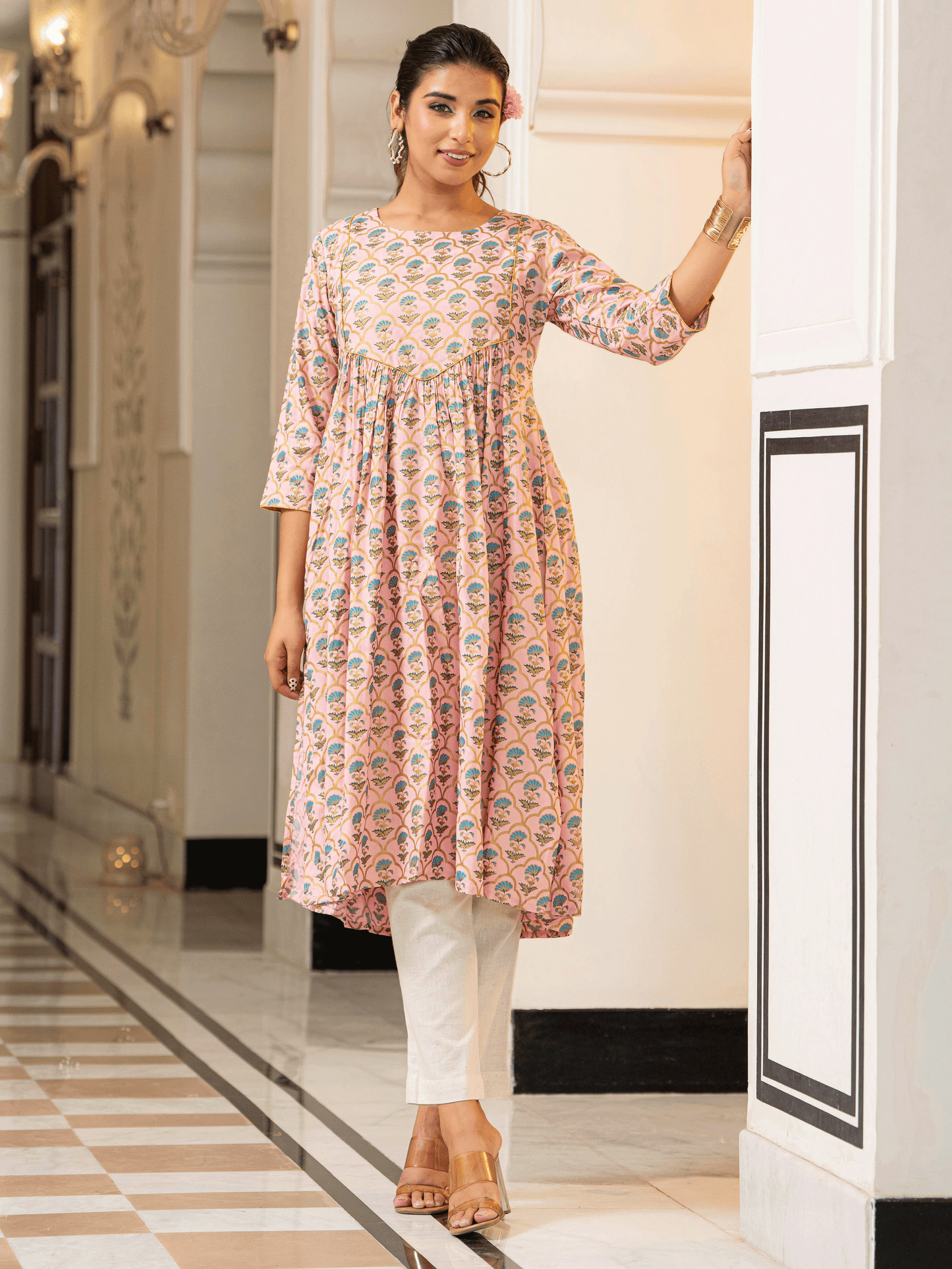 Viscose Gold foil A-line Baby Pink Kurta