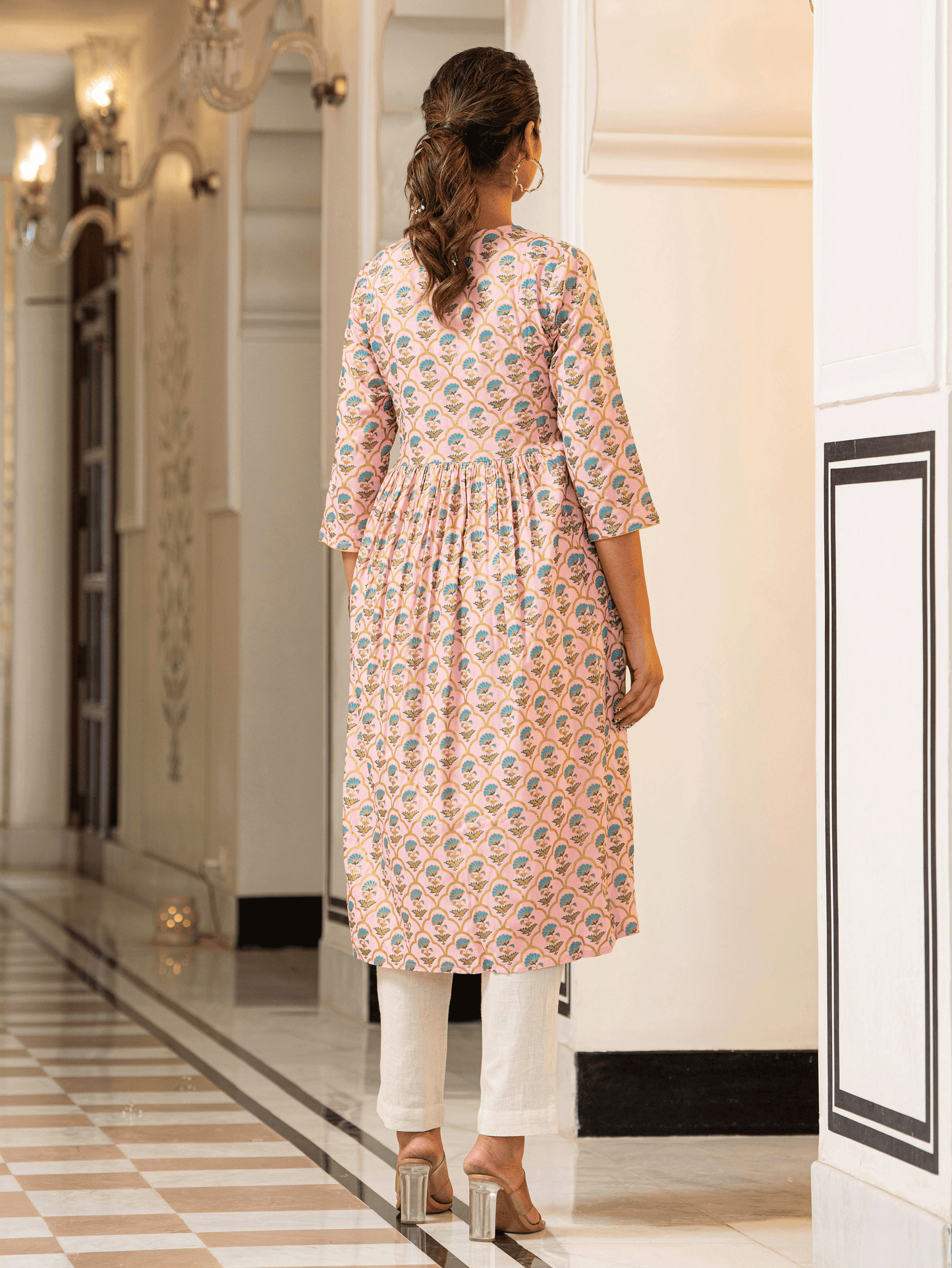 Viscose Gold foil A-line Baby Pink Kurta