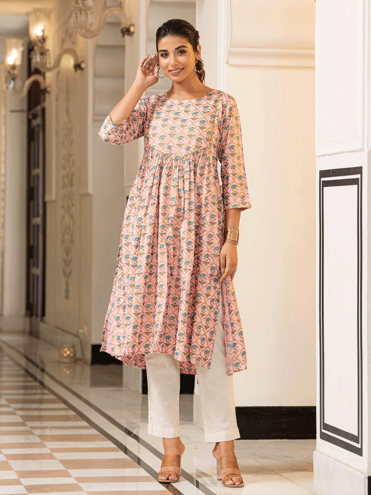 Viscose Gold foil A-line Baby Pink Kurta