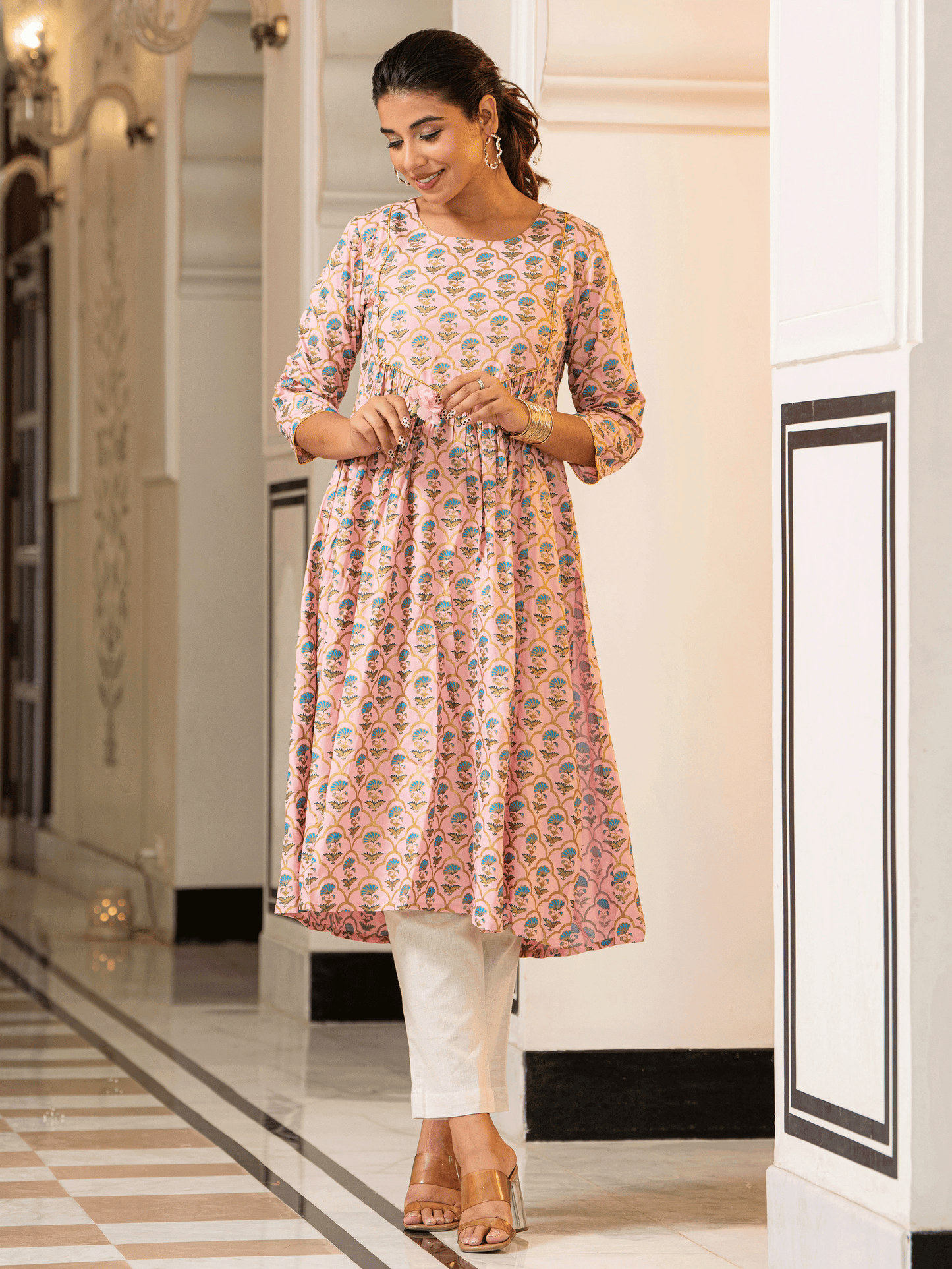 Viscose Gold foil A-line Baby Pink Kurta