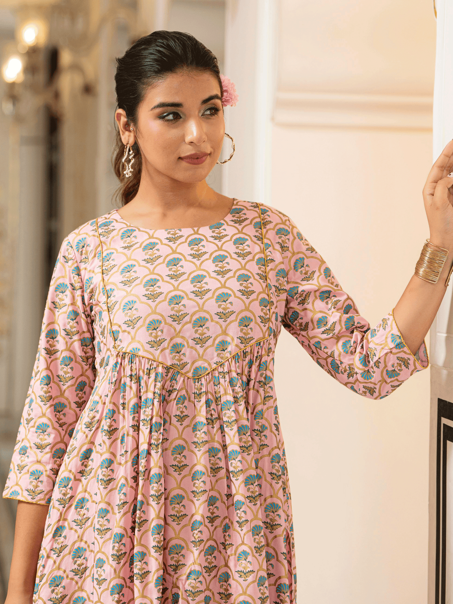 Viscose Gold foil A-line Baby Pink Kurta