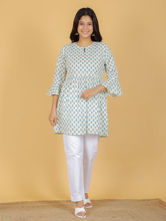 Soft Cotton Block Straight White Kurti