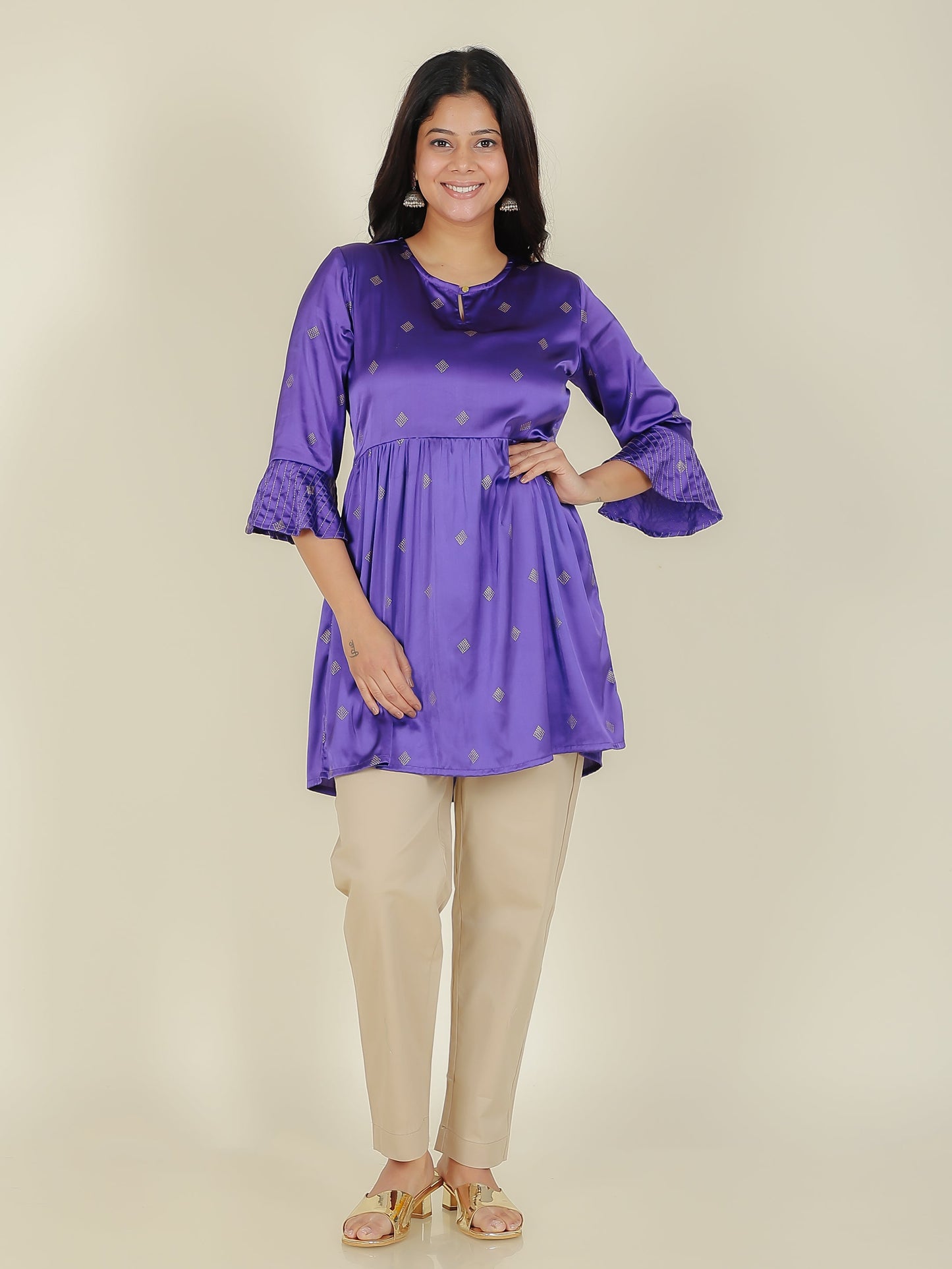 Satin Geometric Straight Purple Kurti
