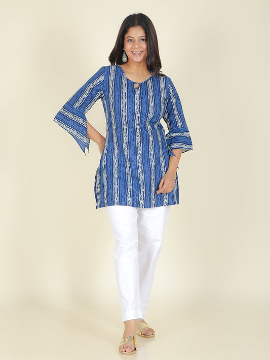 Soft Cotton Striped Straight Blue Kurti