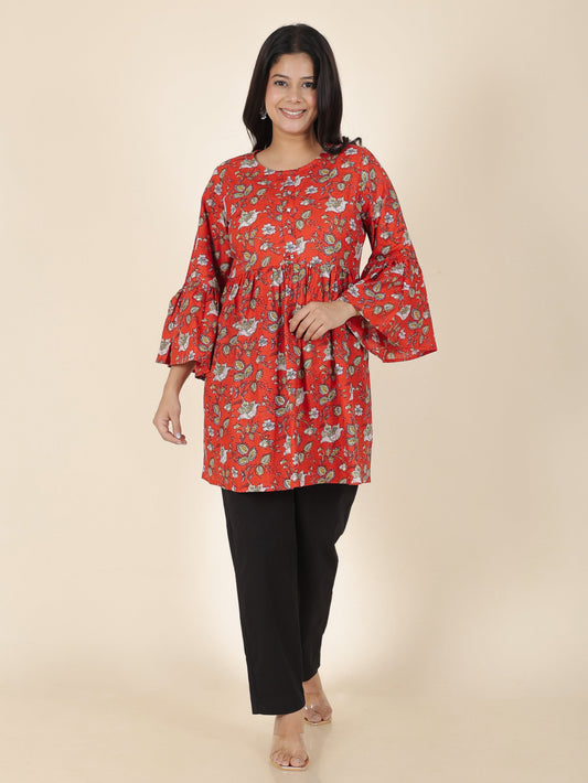 Embroidered Soft Cotton Floral A-line Red Kurti