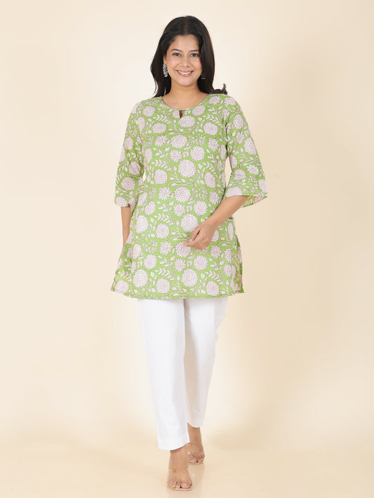 Soft Cotton Floral Straight Green Kurti
