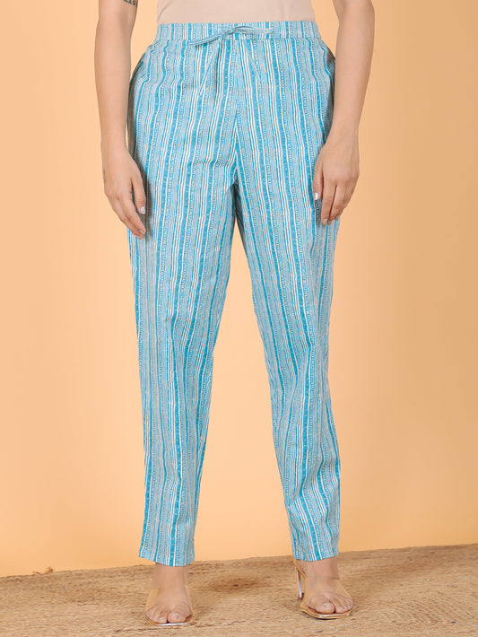 Soft Cotton Striped Blue Tapered Trousers