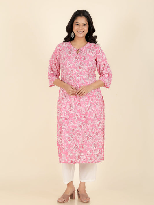 Soft Cotton Floral Straight Pink Kurta