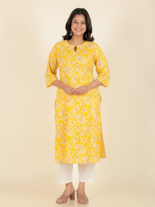 Soft Cotton Floral Straight Yellow Kurta