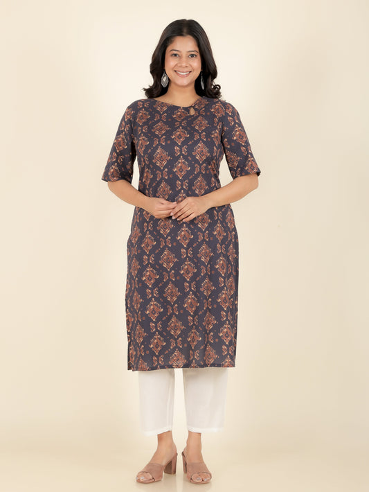 Soft Cotton Ikat Straight Blue Kurta