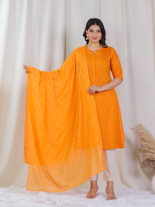 Cotton Voile Gold foil Orange Dupatta
