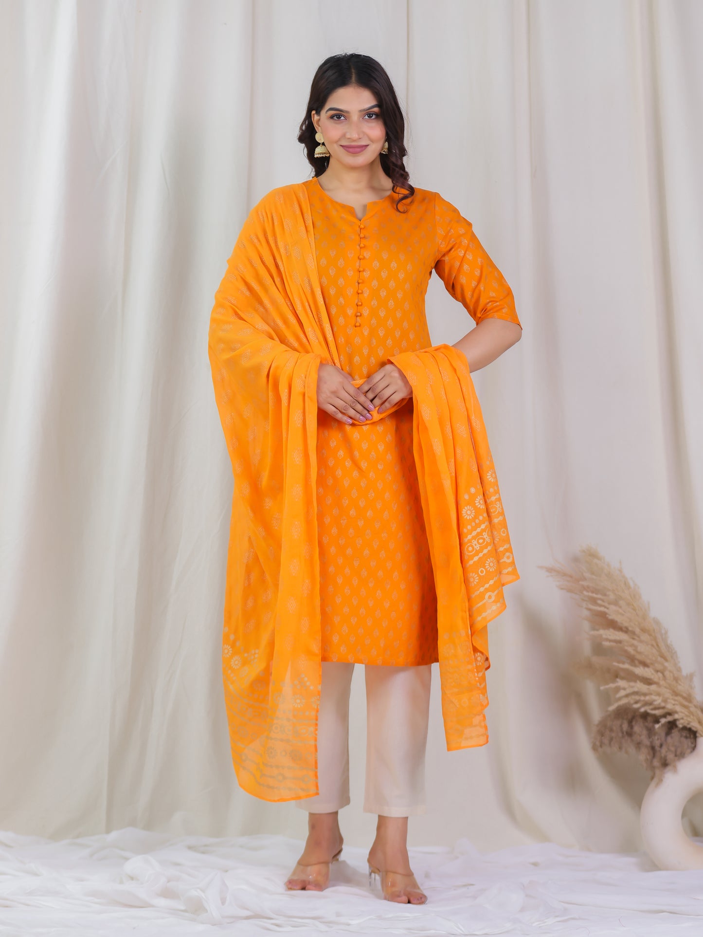 Soft Cotton Butti A-line Orange Kurta