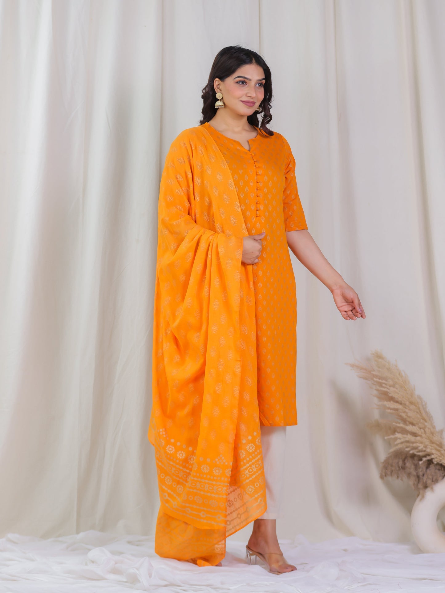 Cotton Voile Gold foil Orange Dupatta