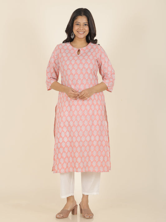 Soft Cotton Floral Straight Pink Kurta