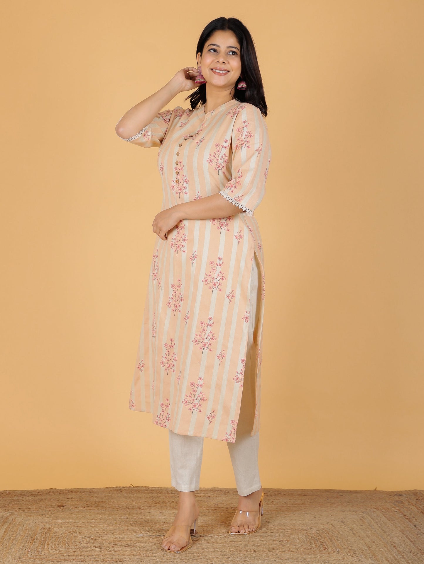 Linen Cotton Floral Straight Peach Kurta