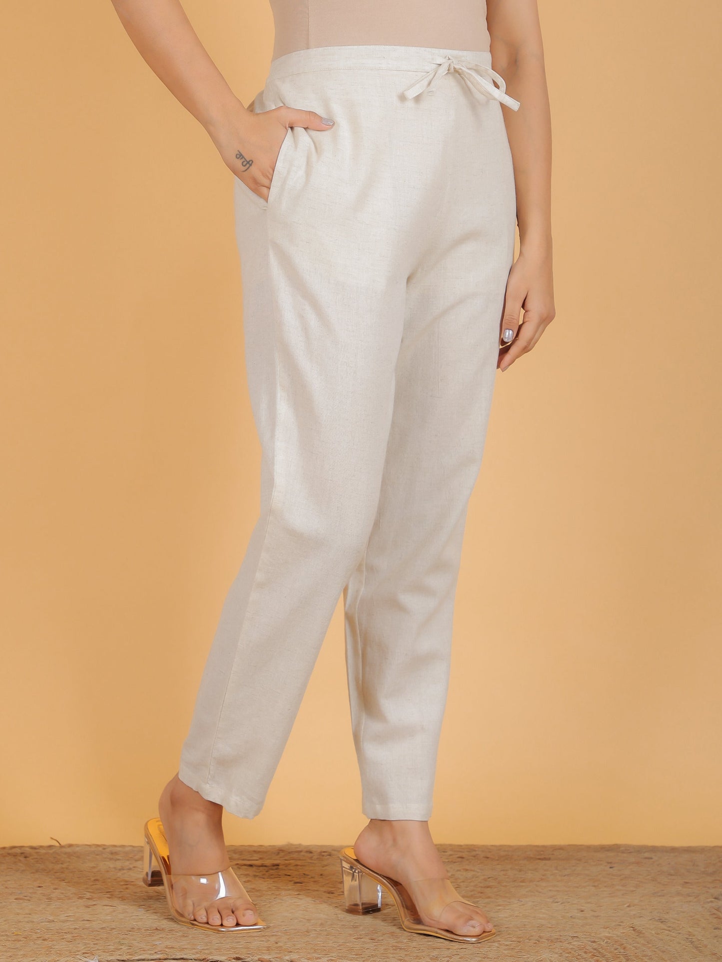 Linen Cotton Floral Straight Peach Kurta