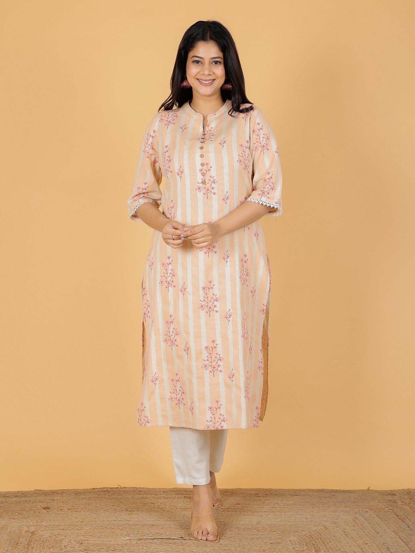 Linen Cotton Floral Straight Peach Kurta