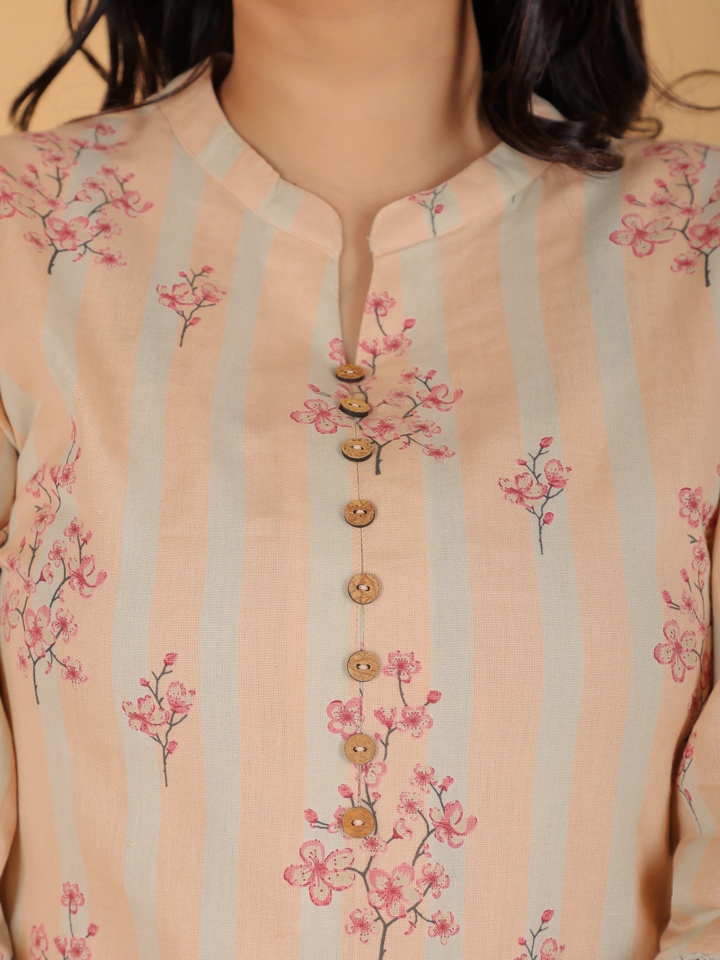 Linen Cotton Floral Straight Peach Kurta