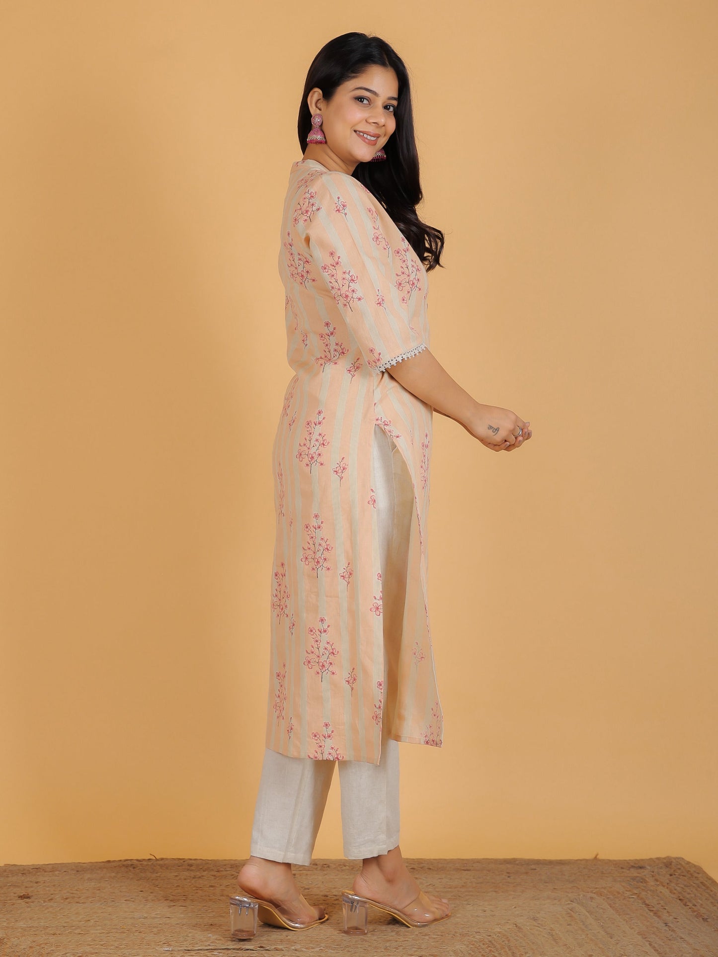 Linen Cotton Floral Straight Peach Kurta