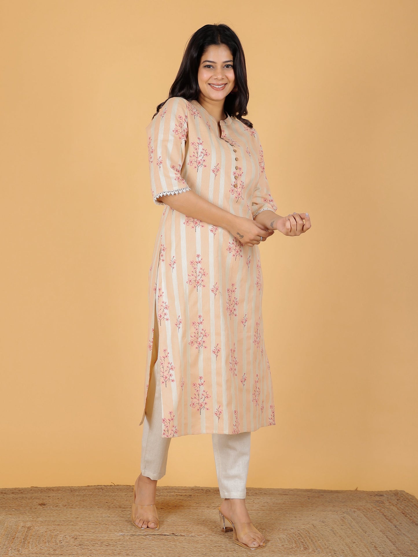 Linen Cotton Floral Straight Peach Kurta