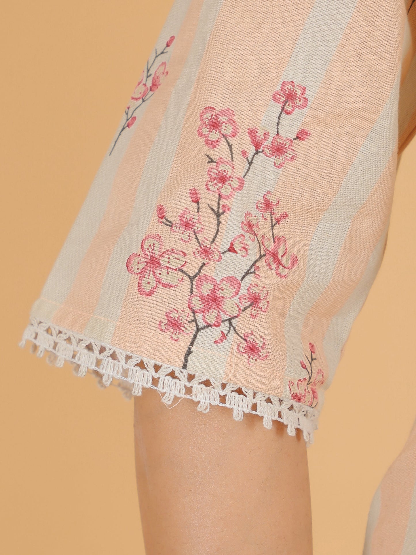 Linen Cotton Floral Straight Peach Kurta