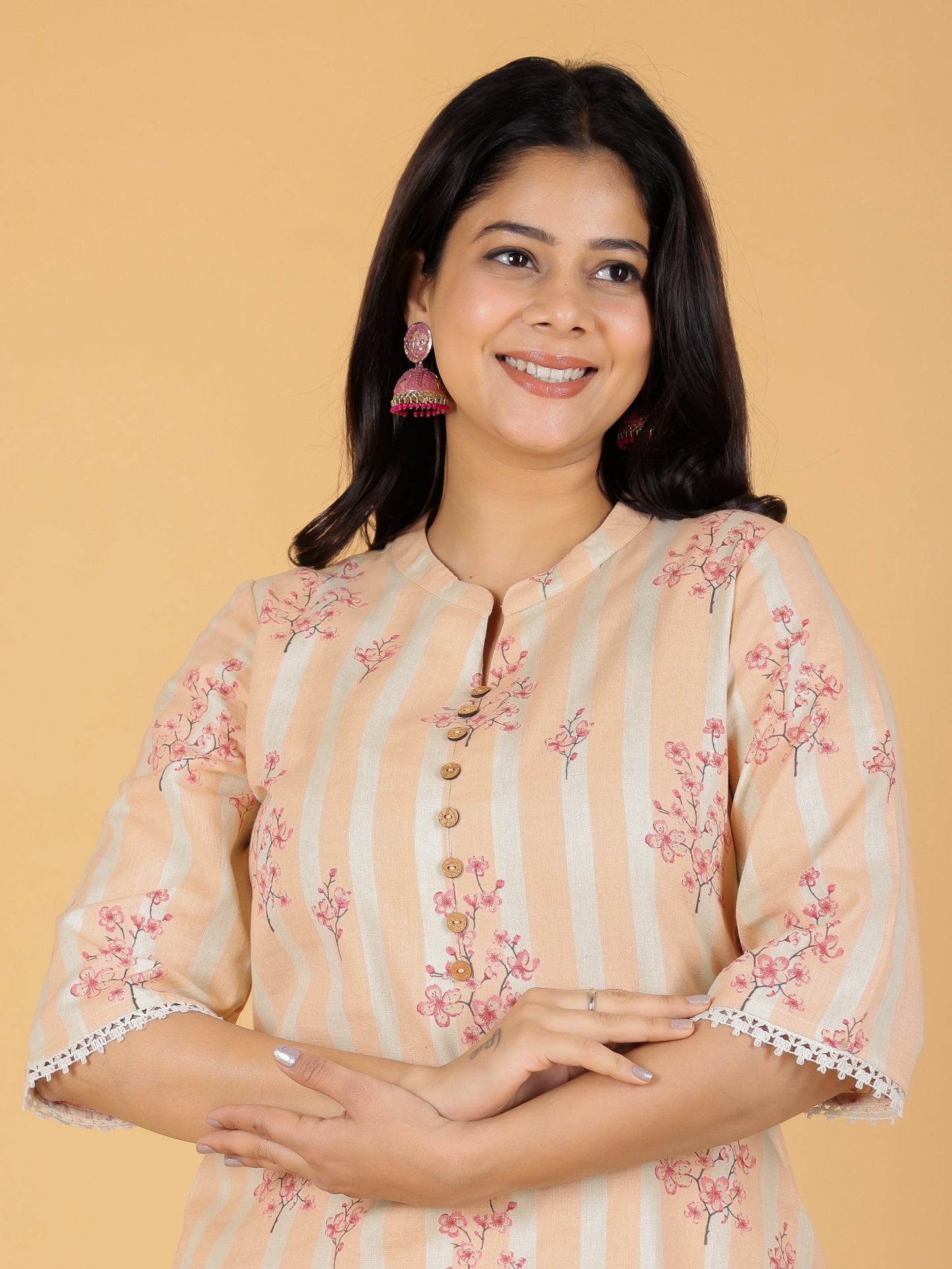 Linen Cotton Floral Straight Peach Kurta