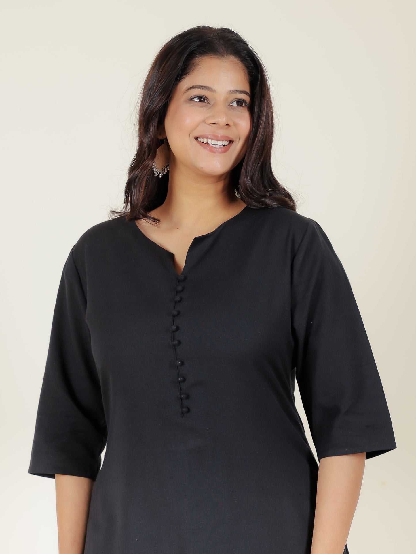 Linen Cotton Solid A-line Black Kurta