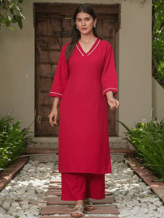 Linen Cotton Solid Straight Red Kurta