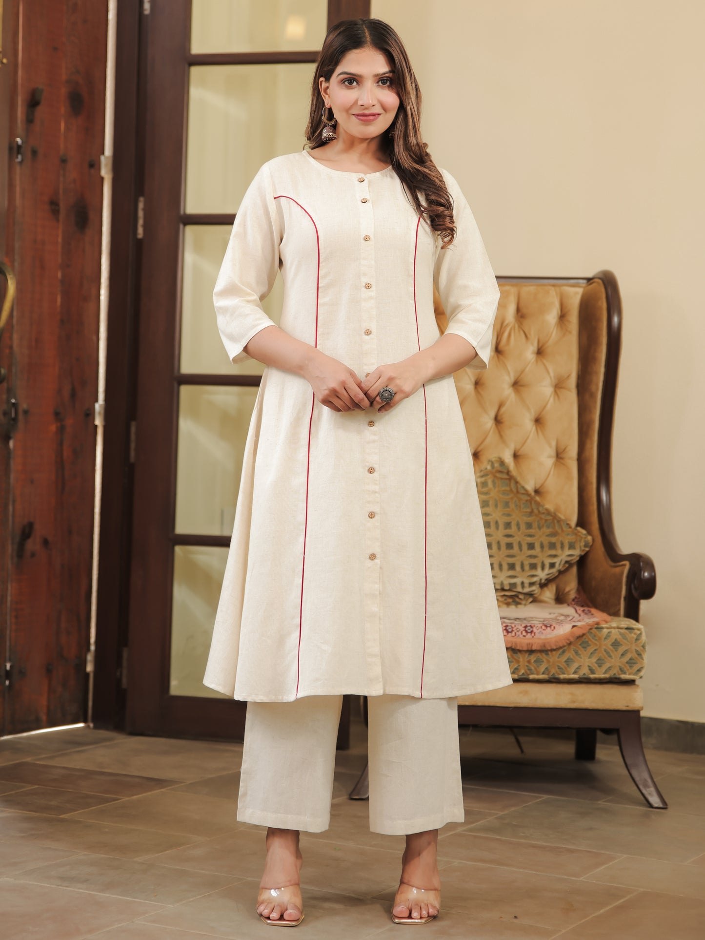Linen Cotton Solid Flared Cream Kurta