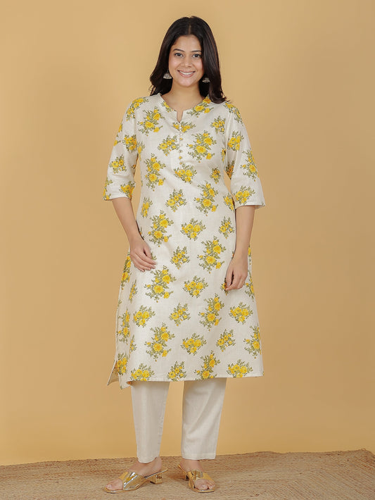 Linen Cotton Floral A-line Yellow Kurta