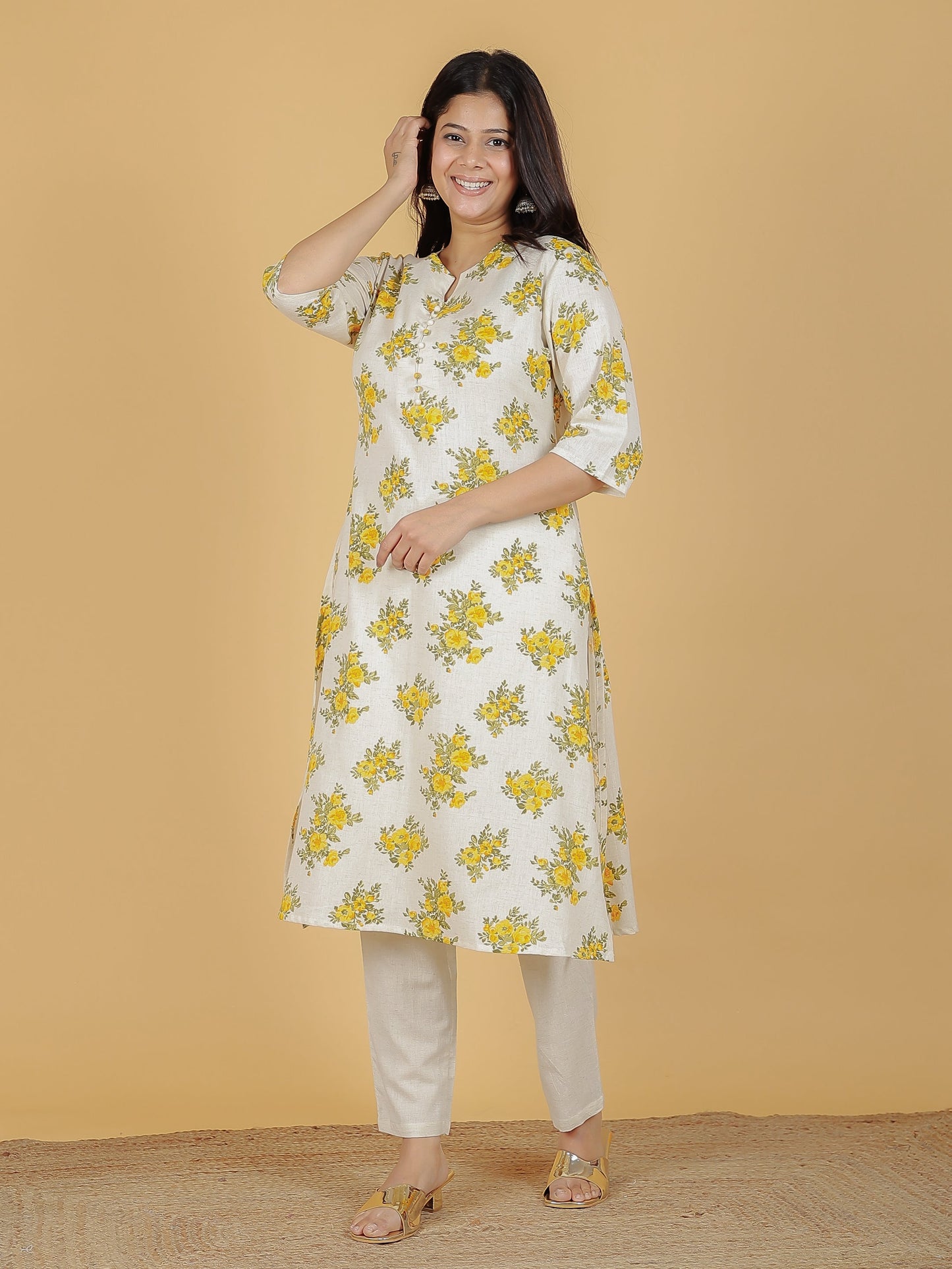 Linen Cotton Floral Kurta