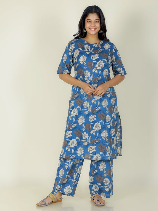Soft Cotton Floral Straight Blue Kurta